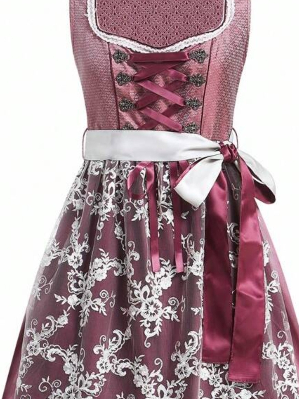 Mauve Lace-Overlay Dirndl Dress with Satin Bow